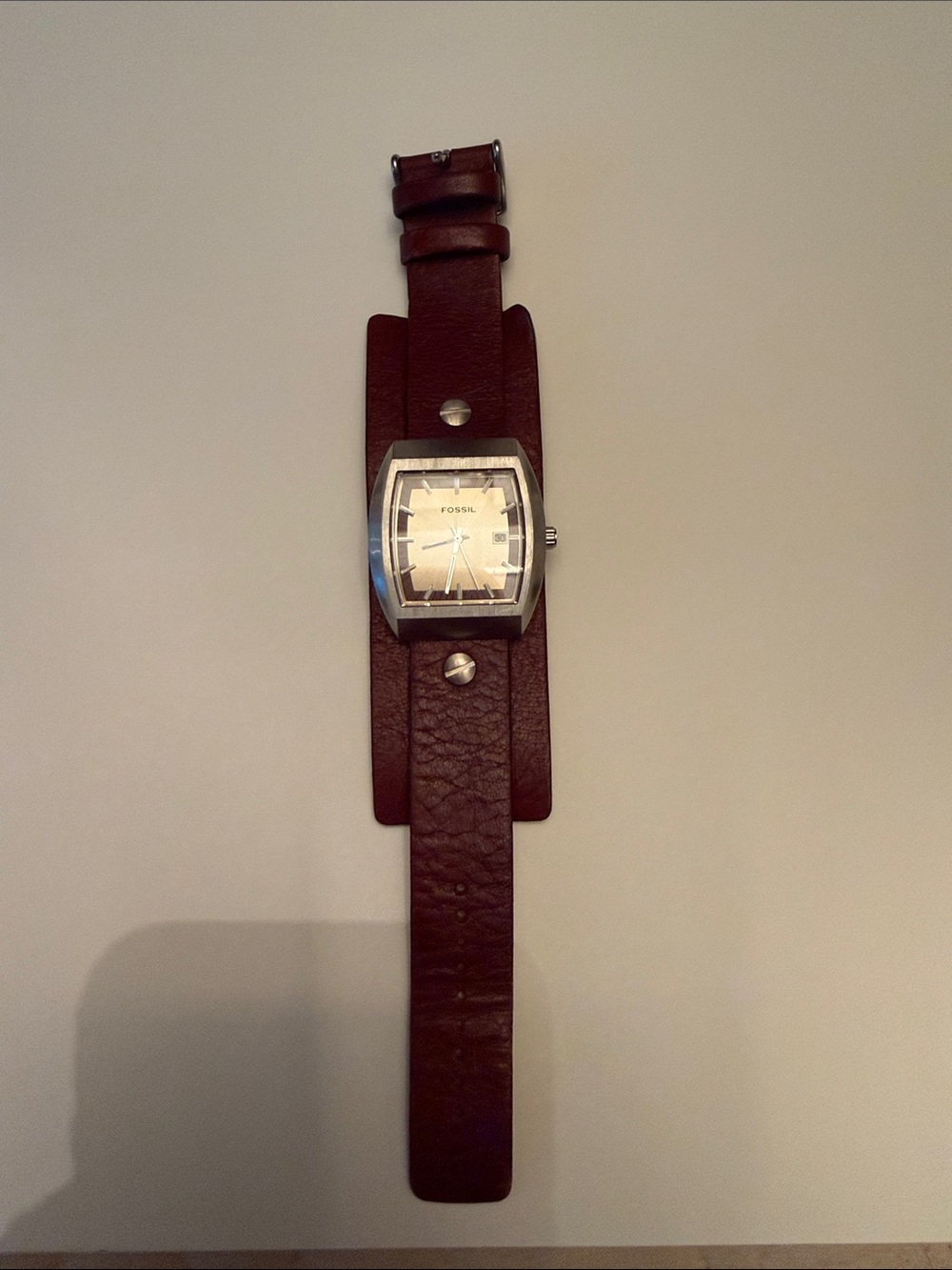 Fossil Brown Leather Wide Cuff Watch with Silver Case